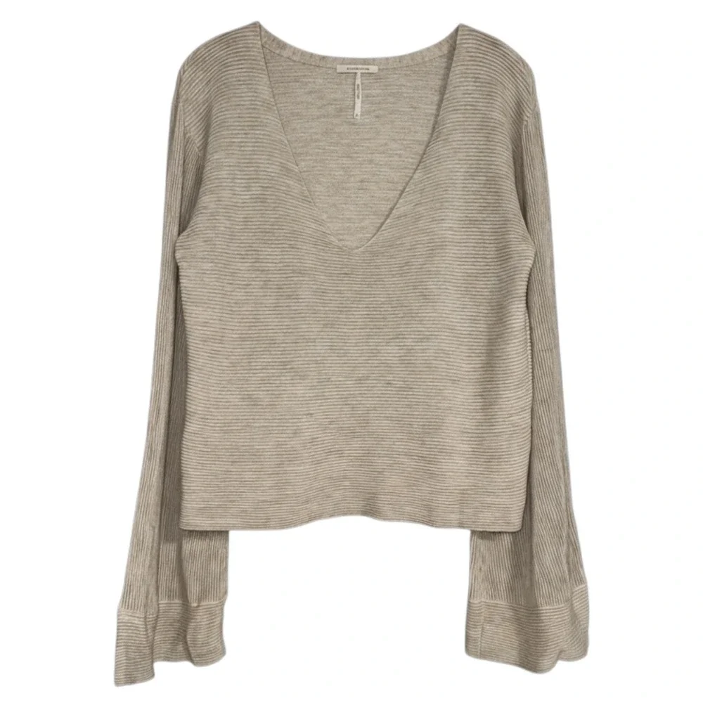 Free People Starman Cream Ribbed Bell Sleeve V‎ Neck Pullover Sweater L